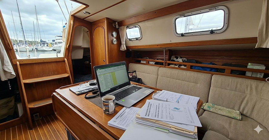 Laptop out going through health insurance paperwork on a yacht