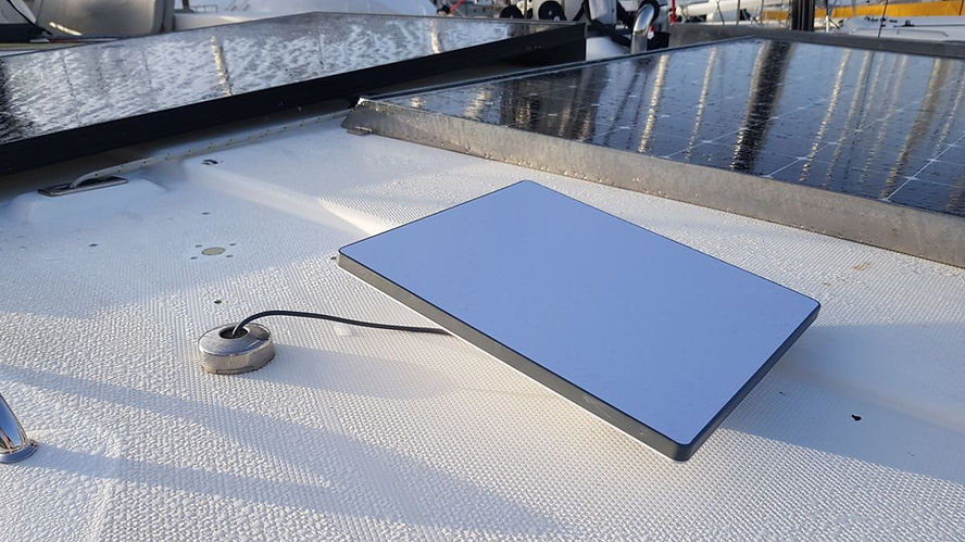 Starlink Mini dish installed on roof of liveaboard catamaran