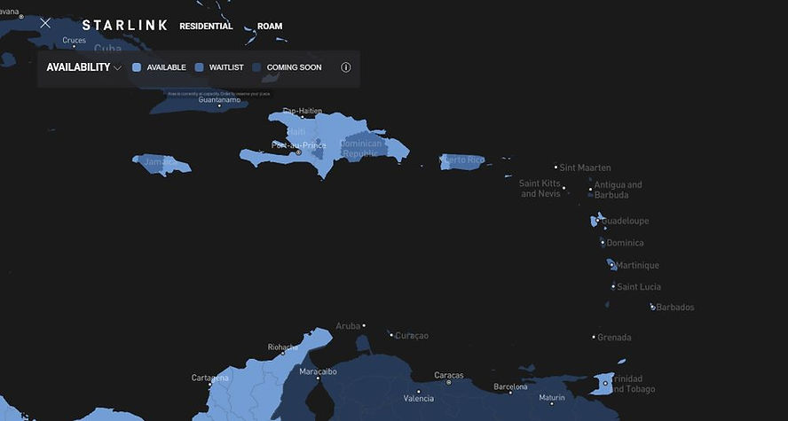Starlink map shows internet availability in the Caribbean. Dark and light blue indicate coverage status. Labels for countries and cities.