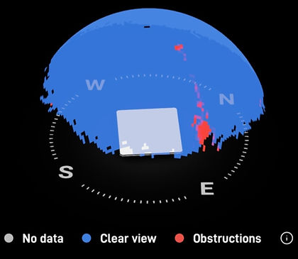3D compass showing clear view, obstructions, and no data