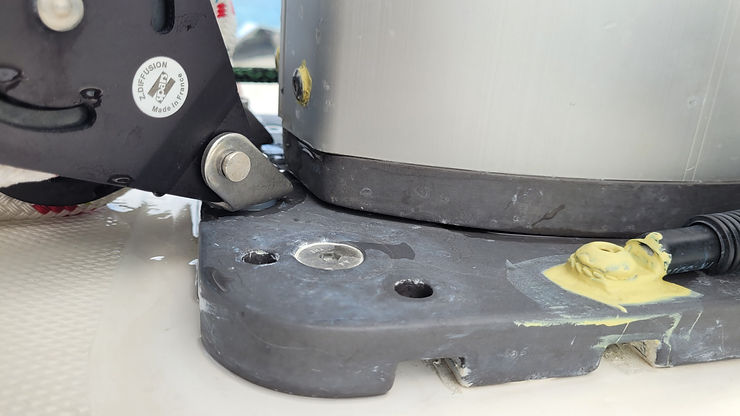Close-up of boat engine mount