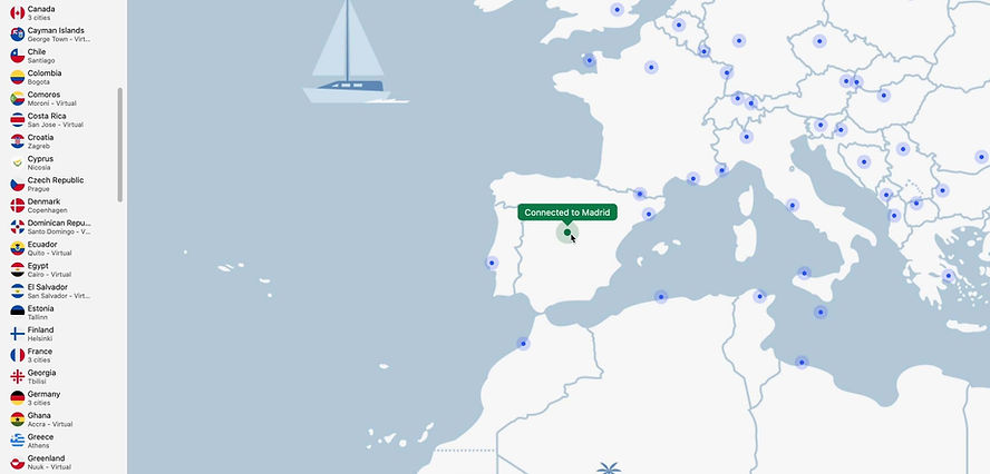 Map of Europe showing VPN locations, with a focus on Spain connected to Madrid. List of countries on the left. A sailboat icon floats.