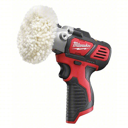 Red and black handheld Milwaukee polisher with a fluffy white pad, set against a plain white background.