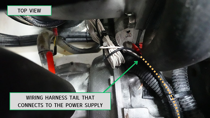 Top view: Wiring harness tail connecting to power supply