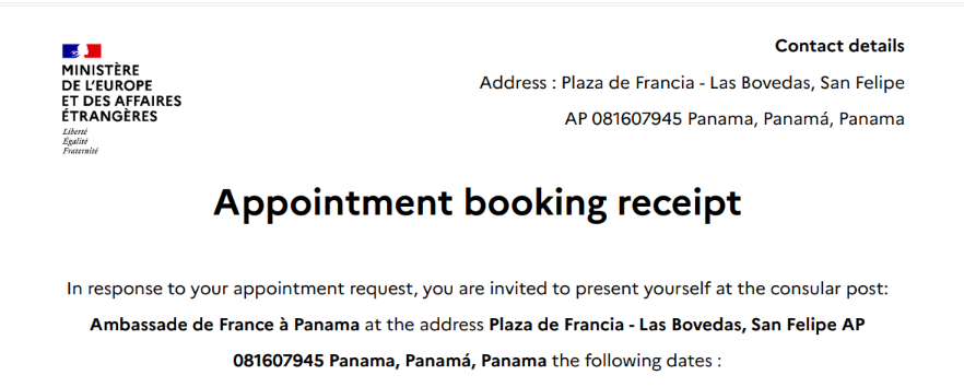 French visa appointment booking reciept